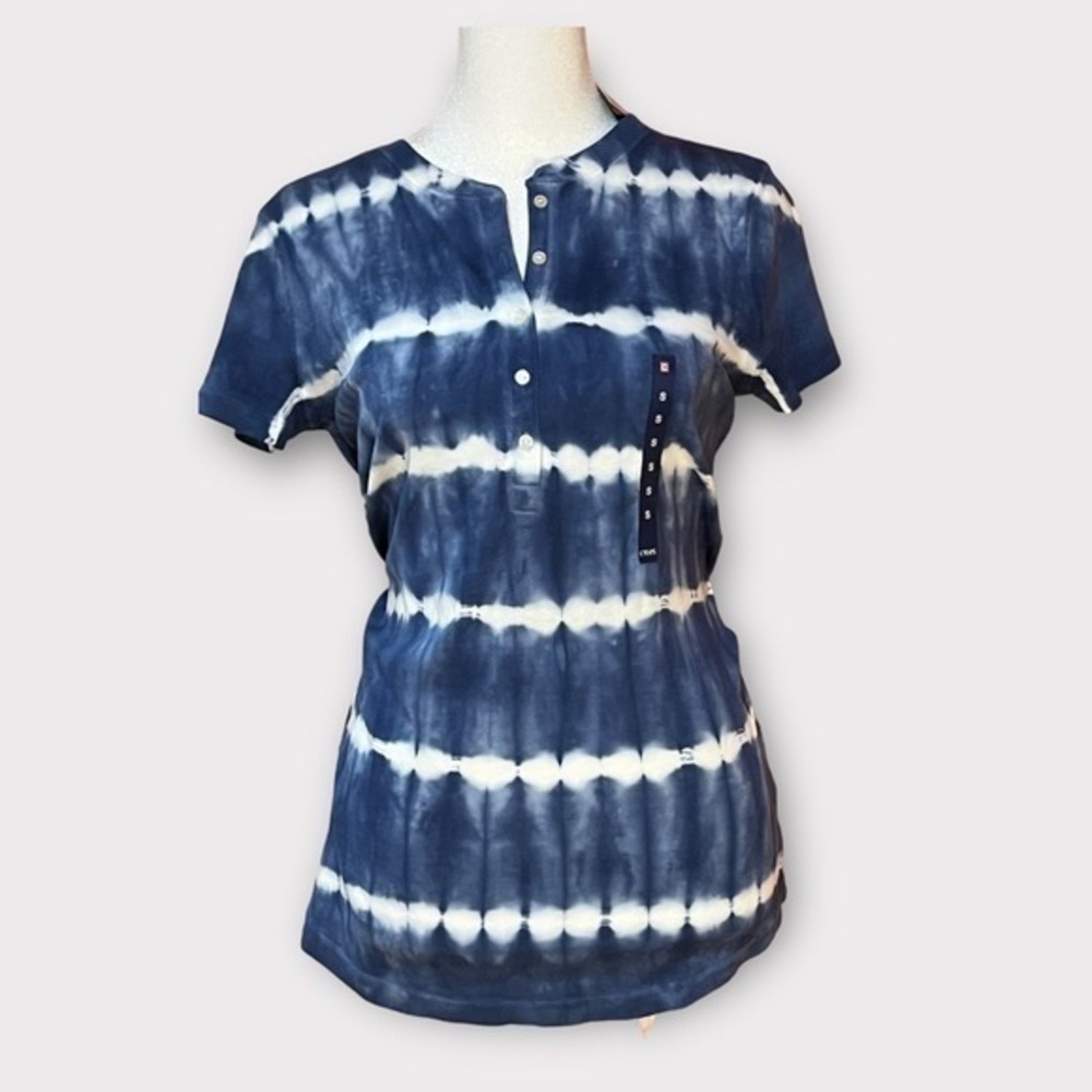 Women's Navy & White Tie-Dye Henley Short Sleeve Top